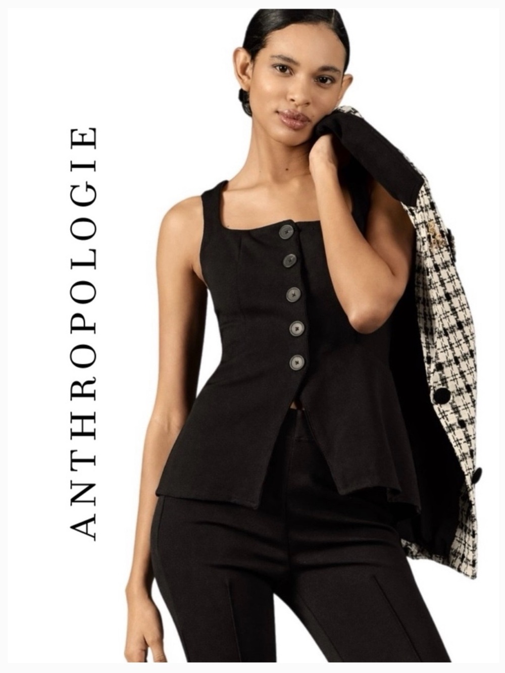 Anthropologie Maeve Black Structured Square-Neck Longline Vest Size Extra Small